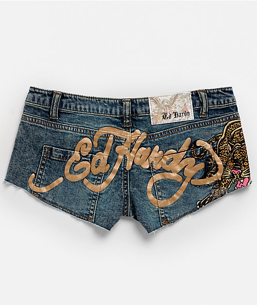Ed Hardy Leopard Studded Blue Micro Shorts | Zumiez
