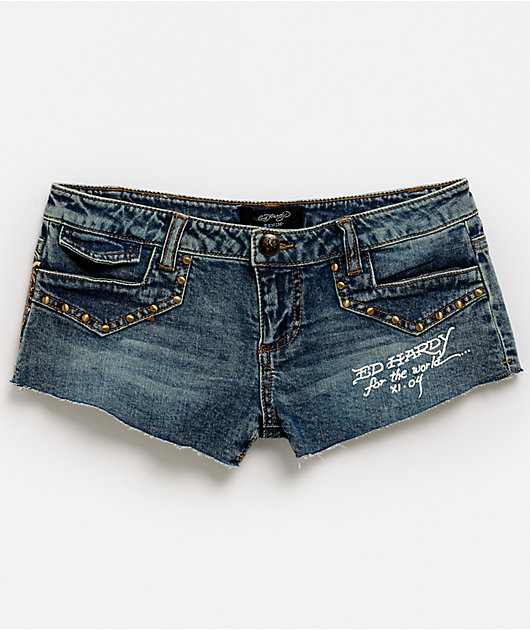Ed Hardy Leopard Studded Blue Micro Shorts | Zumiez