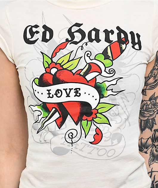 【Ed Hardy】Love Dagger アイボリー クロップ半袖Tシャツ チビT Ed Hardy Love Dagger Ivory T-Shirt | Zumiez