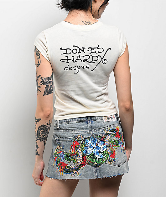 【Ed Hardy】Love Dagger アイボリー クロップ半袖Tシャツ チビT Ed Hardy Love Dagger Ivory T-Shirt | Zumiez