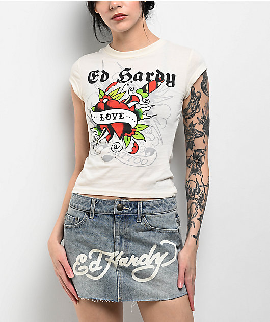【Ed Hardy】Love Dagger アイボリー クロップ半袖Tシャツ チビT 07-24-23Studio2_CXB_RL_14-51-