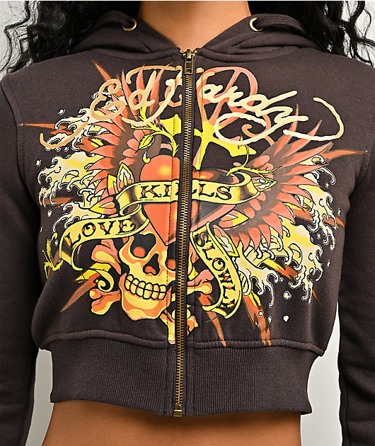 Ed Hardy Love Kills Slowly Espresso Brown Crop Zip Hoodie