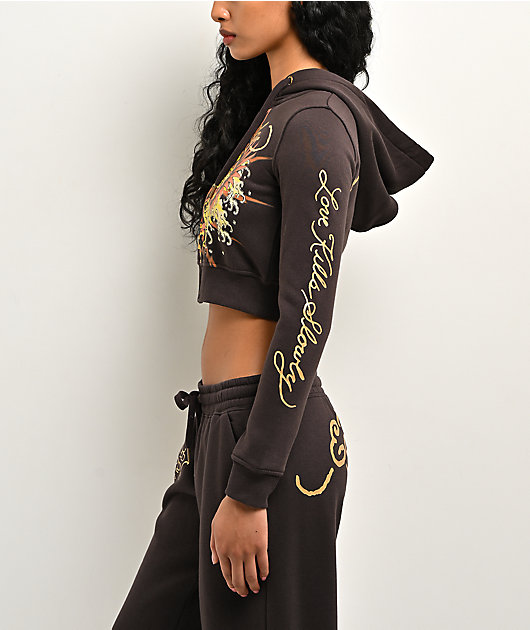 Ed Hardy Love Kills Slowly Espresso Brown Crop Zip Hoodie