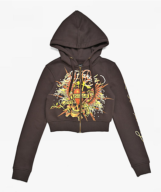 Ed Hardy Love Kills Slowly Espresso Brown Crop Zip Hoodie