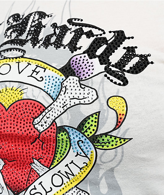 Ed Hardy Love Kills Slowly Heart Rhinestone Ivory Cap Sleeve T-Shirt