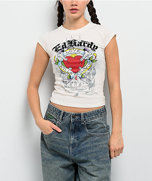 Ed Hardy Love Kills Slowly Heart Rhinestone Ivory Cap Sleeve T-Shirt