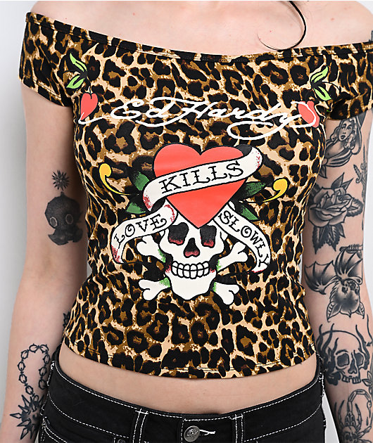 Ed Hardy Love Kills Slowly Leopard Off Shoulder Brown Crop T-Shirt