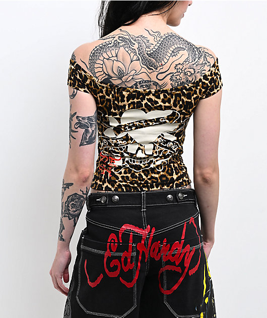 Ed Hardy Love Kills Slowly Leopard Off Shoulder Brown Crop T-Shirt