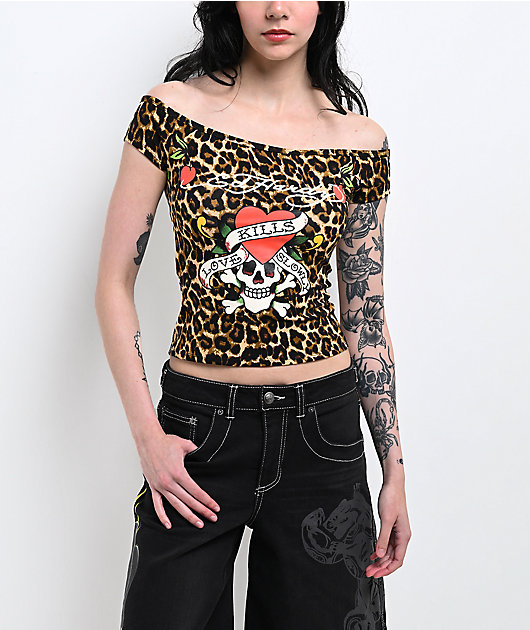 Ed Hardy Love Kills Slowly Leopard Off Shoulder Brown Crop T-Shirt