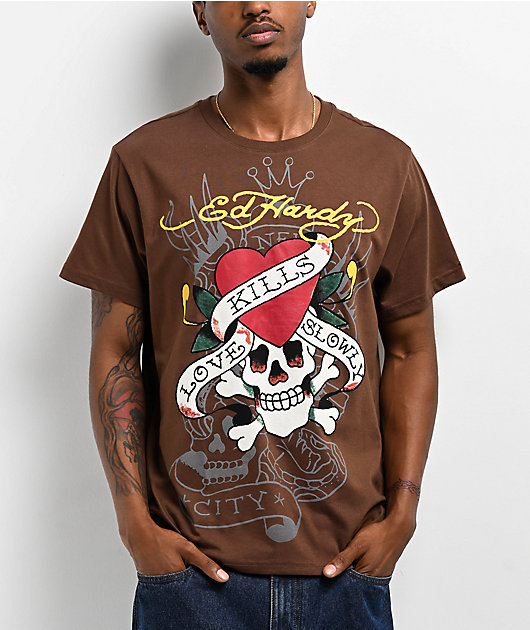 Ed Hardy Love Kills Slowly Skull Brown T-Shirt