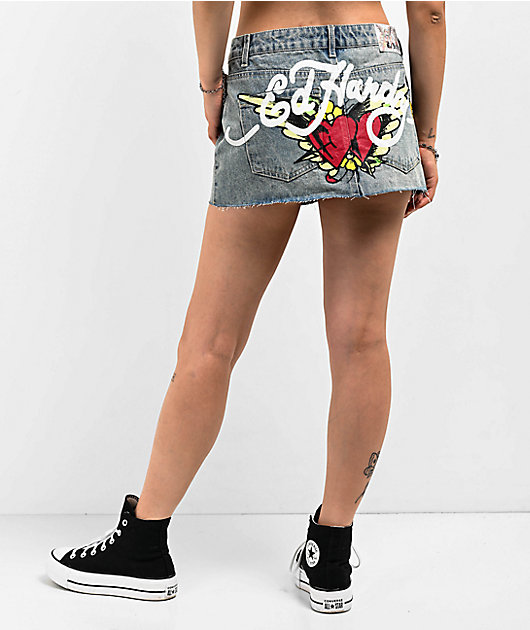Ed Hardy Love Kills Slowly Skull Denim Cutoff Mini Skirt | Zumiez