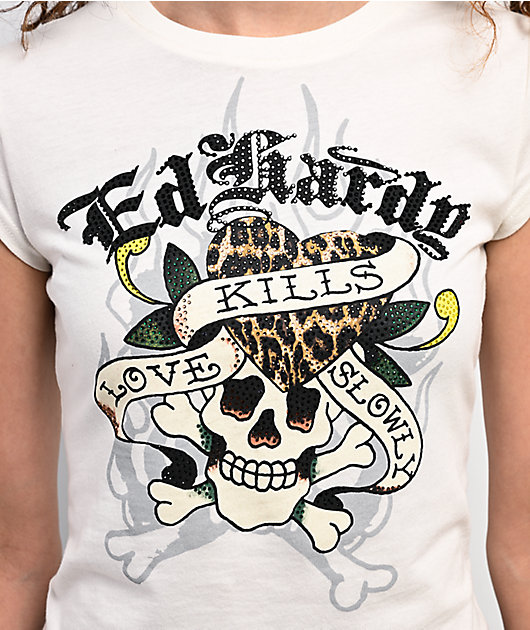 Ed Hardy Love Kills Slowly Skull Ivory Crop T-Shirt | Zumiez