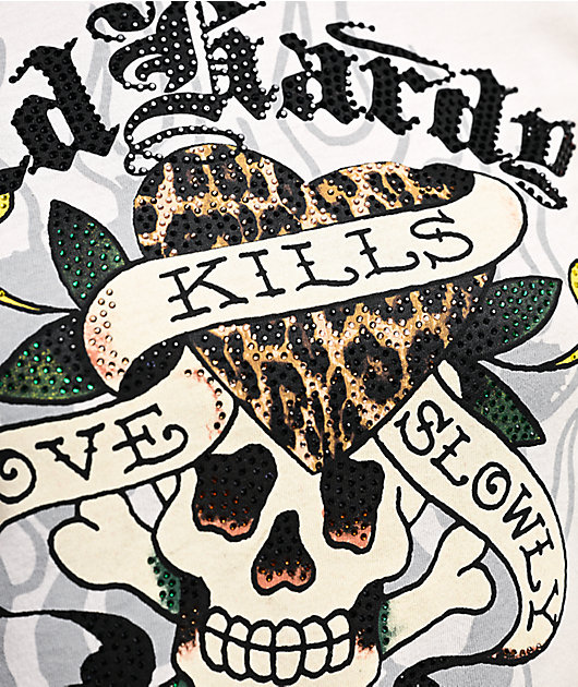 Ed Hardy エドハーディ LOVE KILLS SLOWLY 半袖Tシャツ サイズXS コットン ラインストーン ブラック 美品 中古 4b002005 Ed Hardy - Ed Hardy エドハーディ LOVE KILLS SLOWLY 半袖Tシャツ