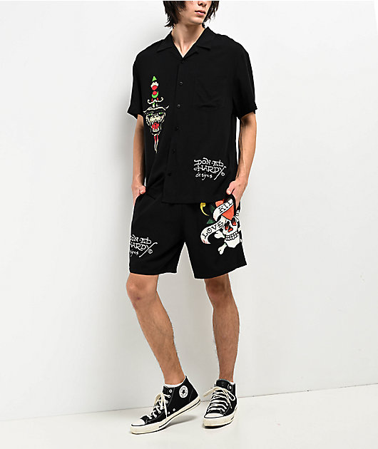 Ed Hardy Love Kills Slowly Woven 半袖 ボタンアップシャツ Ed Hardy Love Kills Slowly Woven Black Short Sleeve Button
