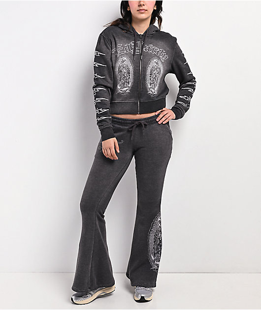 Ed Hardy Mary Mineral Grey Crop Zip Hoodie