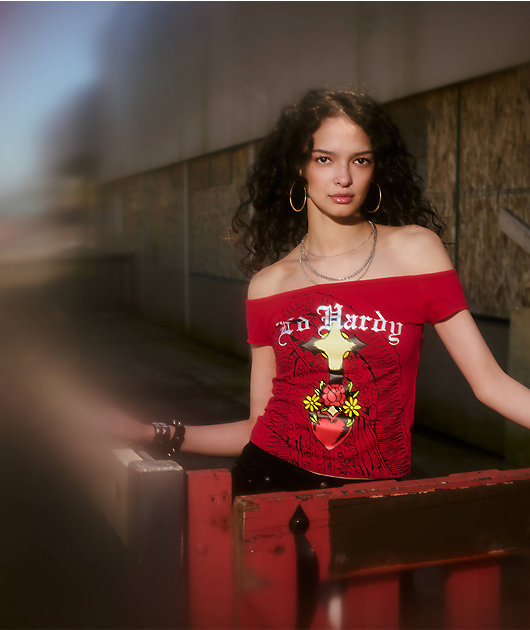 Ed Hardy Mary Off Shoulder Red Crop T-Shirt