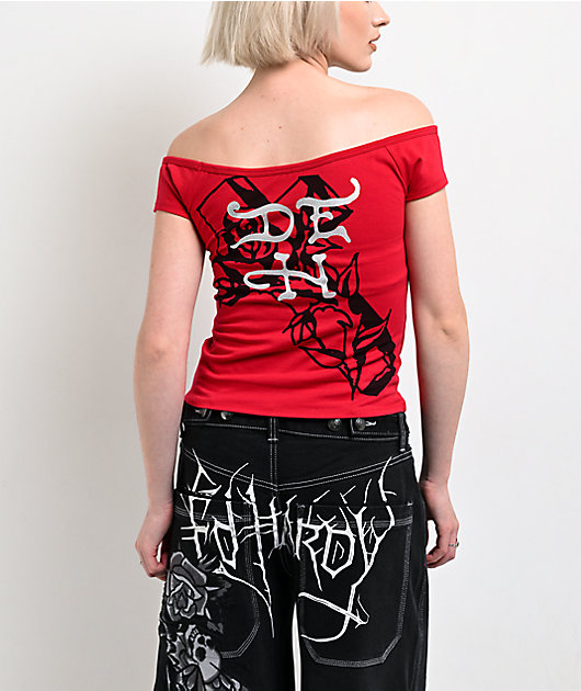 Ed Hardy Mary Off Shoulder Red Crop T-Shirt