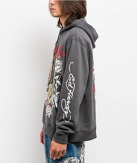 Ed Hardy Mary Rhinestone Charcoal Hoodie
