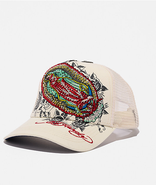 Ed Hardy Mary Rhinestone Ivory Trucker Hat | Zumiez