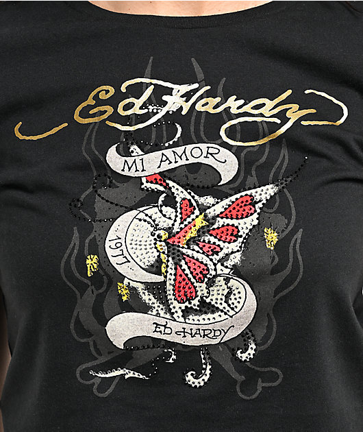 Ed Hardy Mi Amor Rhinestone Black Crop T-Shirt | Zumiez