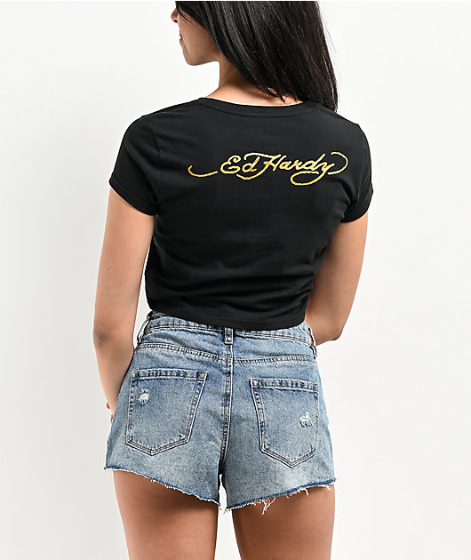 Ed Hardy Mi Amor Rhinestone Black Crop T-Shirt | Zumiez