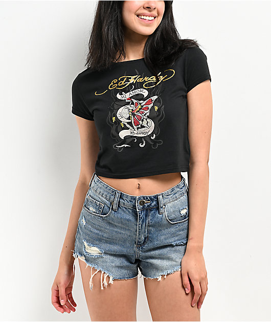 Ed Hardy Mi Amor Rhinestone Black Crop T-Shirt | Zumiez