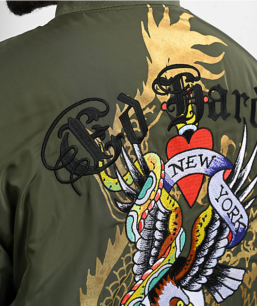 Ed Hardy NYC Skull Olive Bomber Jacket