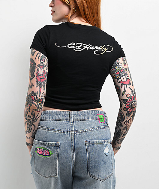 Ed Hardy Orchid Black Crop T-Shirt | Zumiez