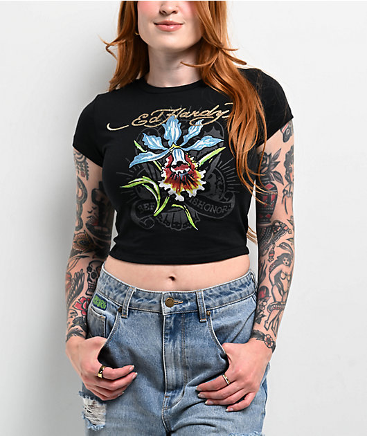 Ed Hardy Orchid Black Crop T-Shirt | Zumiez