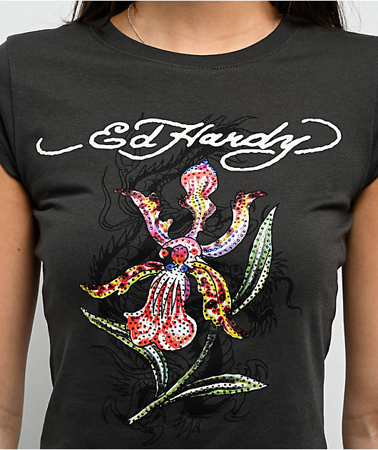 Ed Hardy Orchid Rhinestone Charcoal Cap Sleeve T-Shirt