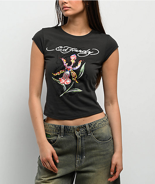 エドハーディー Ed Hardy Orchid Rhinestone Charcoal Cap Sleeve T-Shirt | Zumiez