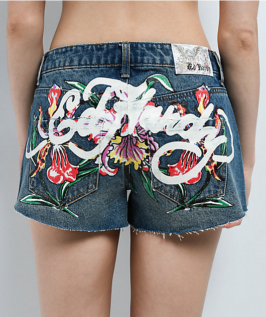 Ed Hardy Orchids Medium Vintage Blue Cutoff Shorts