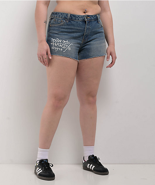 Ed Hardy Orchids Medium Vintage Blue Cutoff Shorts