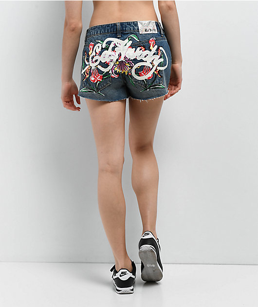 Ed Hardy Orchids Medium Vintage Blue Cutoff Shorts | Zumiez