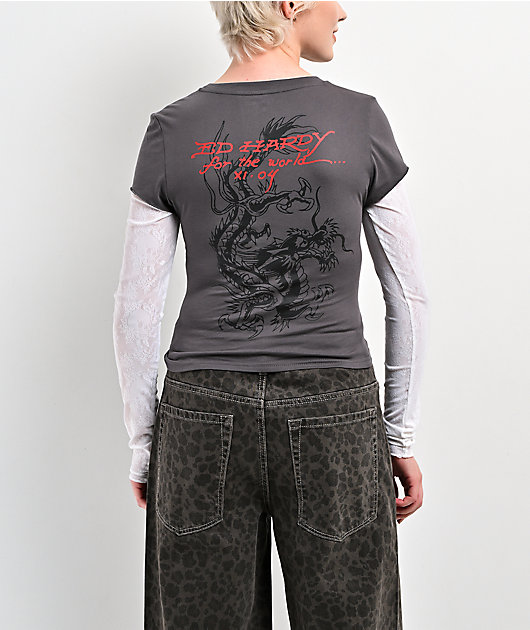 Ed Hardy Pantera Charcoal & White Lace 2fer Long Sleeve T-Shirt
