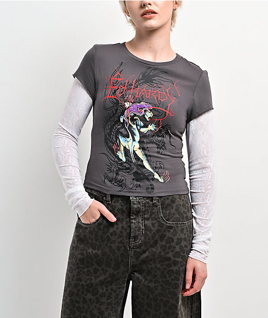 Ed Hardy Pantera Charcoal & White Lace 2fer Long Sleeve T-Shirt