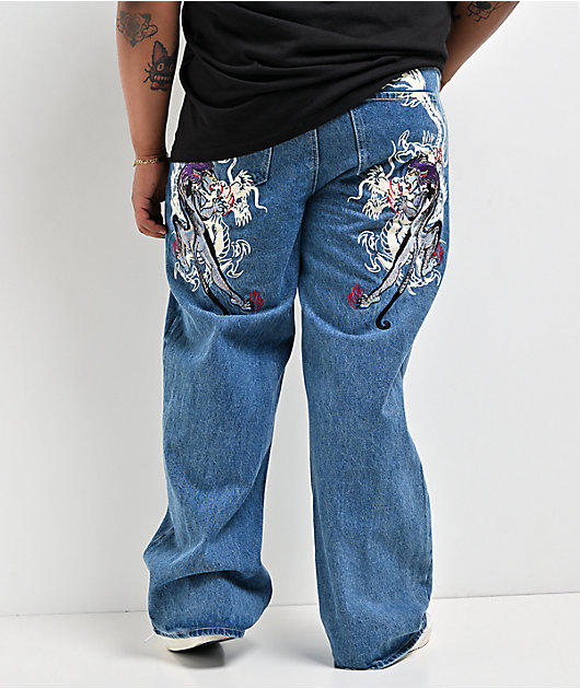 Ed Hardy Panteras Blue Wash Baggy Jeans