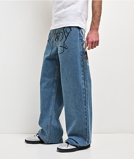 Ed Hardy Panteras Blue Wash Baggy Jeans