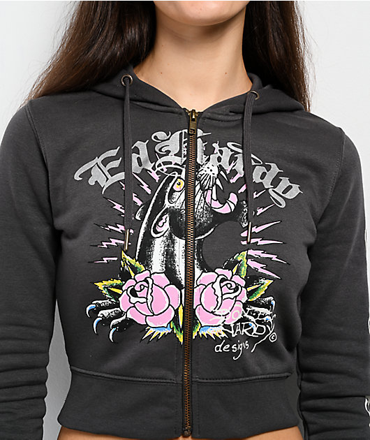 Ed Hardy Panther Charcoal Crop Zip Hoodie