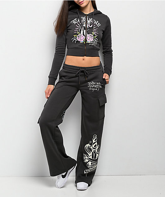 Ed Hardy Panther Charcoal Crop Zip Hoodie