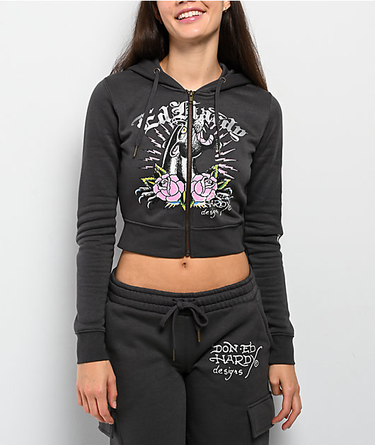 Ed Hardy Panther Charcoal Crop Zip Hoodie