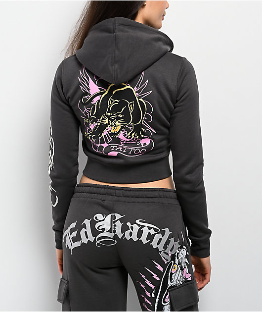 Ed Hardy Panther Charcoal Crop Zip Hoodie | Zumiez