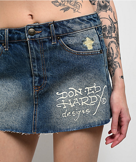 【Anyone more】Hardy damage blue mini skirt Ed Hardy Panther Dagger Dark Blue Cutoff Denim Mini Skirt