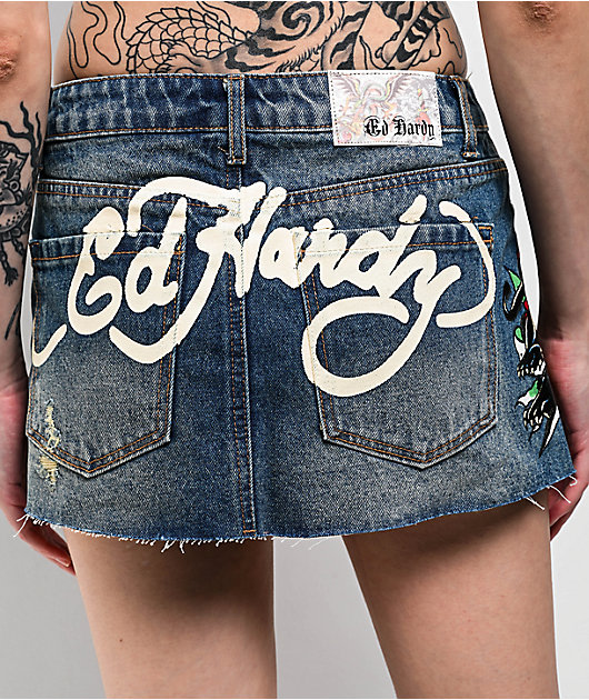 Ed Hardy Panther Dagger Dark Blue Cutoff Denim Mini Skirt