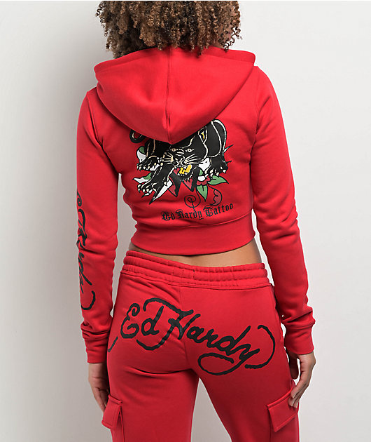 Ed Hardy Panther Dagger Red Crop Zip Hoodie | Zumiez