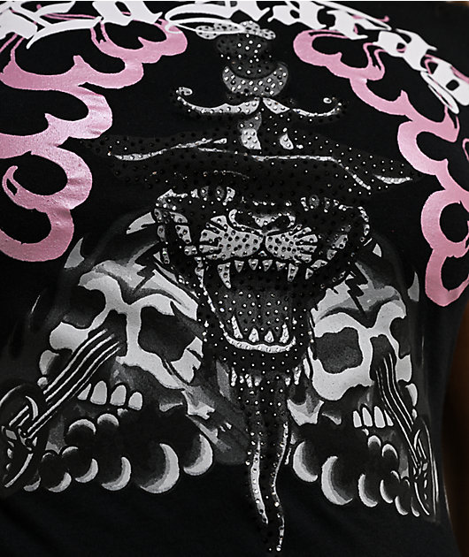 Ed Hardy Panther Dagger Rhinestone Black Crop T-Shirt