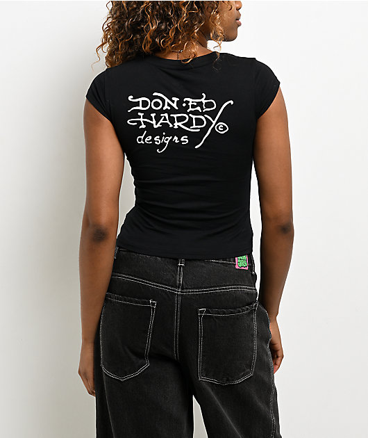 Ed Hardy Panther Dagger Rhinestone Black Crop T-Shirt