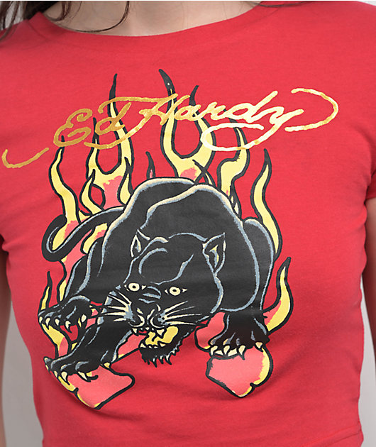 Ed Hardy Panther Flame Red Crop T-Shirt | Zumiez