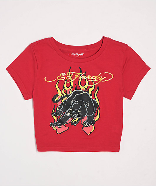 Ed Hardy Panther Flame Red Crop T-Shirt