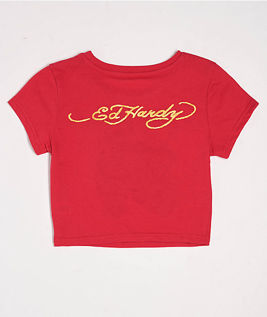 Ed Hardy Panther Flame Red Crop T-Shirt